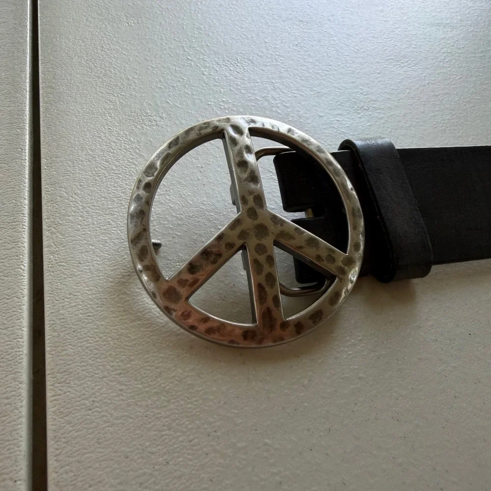 Brighton Women's 36 Black Leather Peace Sign Buckle Studded Belt Boho Hippie Y2K